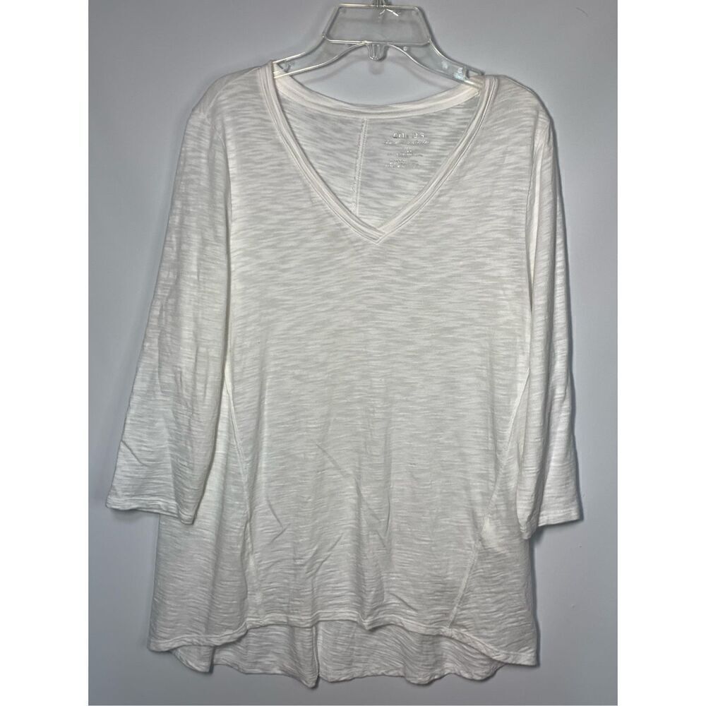Chico's Women's V-Neck High Low Hem 3/4 Sleeve The Ultimate Tee White Size extra